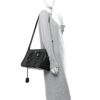 ALEXANDER MCQUEEN Pebbled Calfskin Small Skull Padlock Zip Around Tote Military Green Black