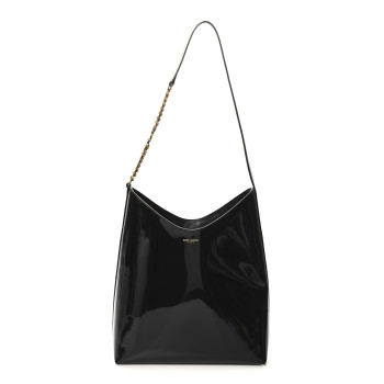 SAINT LAURENT Patent Calfskin Rendez-Vous Hobo Black