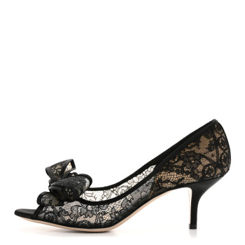 VALENTINO GARAVANI Satin Lace Couture Bow Peep Toe Low Heel Pumps 39.5 Black