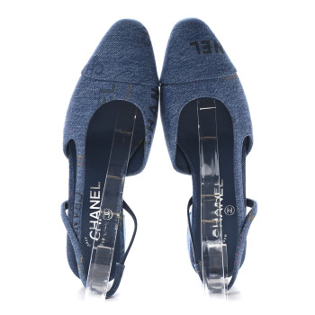 CHANEL Denim Printed Denim Mood Cap Toe CC Slingback Flats 37 Light Blue Multicolor