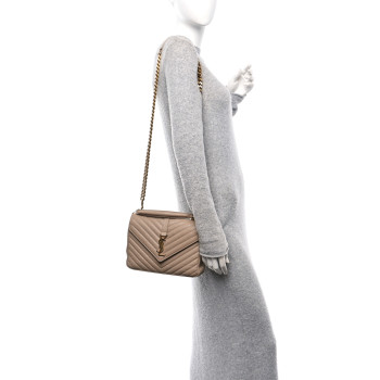 SAINT LAURENT Sheepskin Matelasse Chevron Monogram Medium College Bag Dark Beige