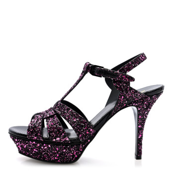 SAINT LAURENT Glitter Calfskin Ayers Tribute 75 Platform Sandals 38 Black Fuchsia