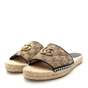 GUCCI Monogram Matelasse GG Marmont Espadrille 20mm Slide Sandals 38 Beige Ebony Black