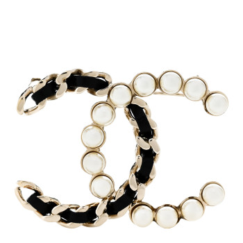 CHANEL Lambskin Pearl CC Chain Brooch Black Gold