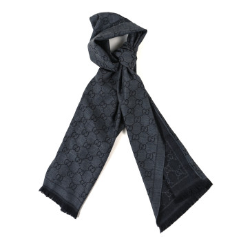 GUCCI Wool Jacquard GG Monogram Sten Fringe Scarf Anthracite Black