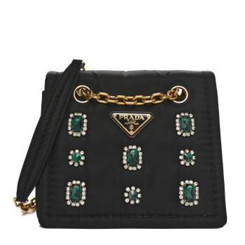 PRADA Tessuto Nylon Crystal Chain Flap Shoulder Bag Black