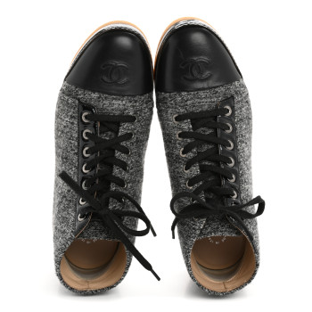 CHANEL Wool Calfskin CC Lace Up Short Boots 37.5 Grey Black