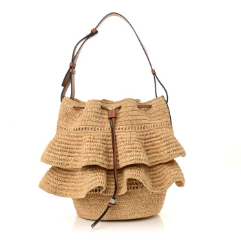 LOEWE Raffia Calfskin Balloon Ruffles Bucket Bag Natural Tan