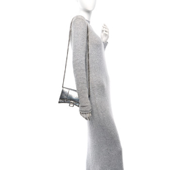 BALENCIAGA Metallic Calfskin Crocodile Embossed Hourglass Chain Bag Silver