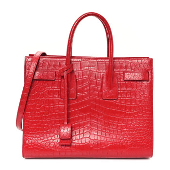 SAINT LAURENT Calfskin Crocodile Embossed Small Sac de Jour New Red