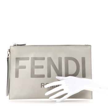 FENDI Vitello King Logo Embossed Large Flat Pouch White Ice