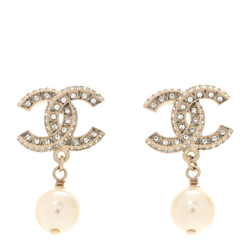 CHANEL Crystal Timeless CC Pearl Drop Earrings Light Gold