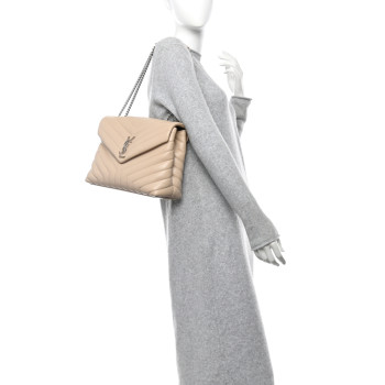 SAINT LAURENT Calfskin Y Quilted Monogram Medium Loulou Chain Satchel Nude Powder