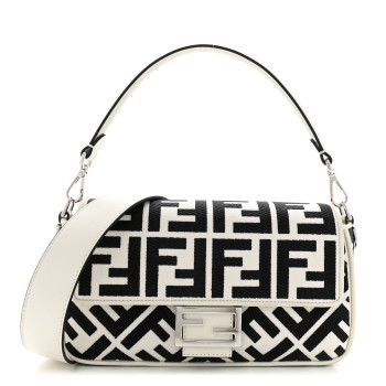 FENDI Canvas Vitello King FF Embroidered Baguette White Black