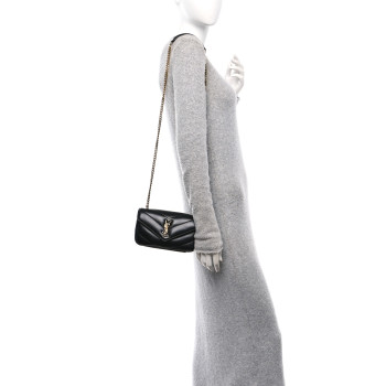 SAINT LAURENT Lambskin Chevron Quilted Mini Loulou Bag Black
