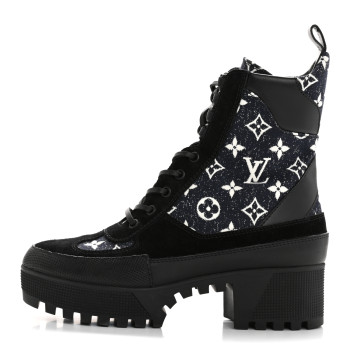 LOUIS VUITTON Calfskin Monogram Denim Laureate Platform Desert Boots 38.5 Navy Blue