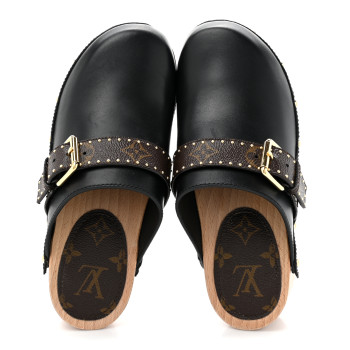 LOUIS VUITTON Calfskin Patent Monogram Cottage Clog Mules 37 Black