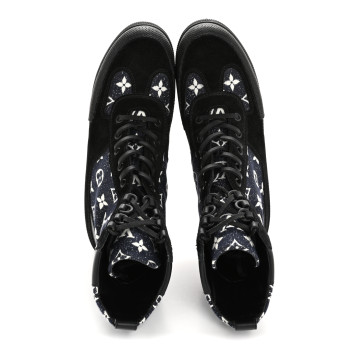 LOUIS VUITTON Calfskin Monogram Denim Laureate Platform Desert Boots 38.5 Navy Blue