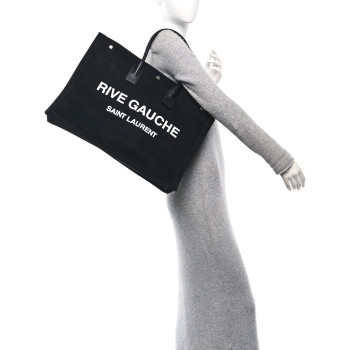 SAINT LAURENT Linen Calfskin Rive Gauche Tote Black