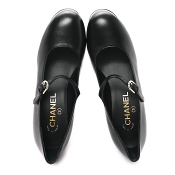 CHANEL Lambskin Mary Jane Platform Pumps 36.5 Black