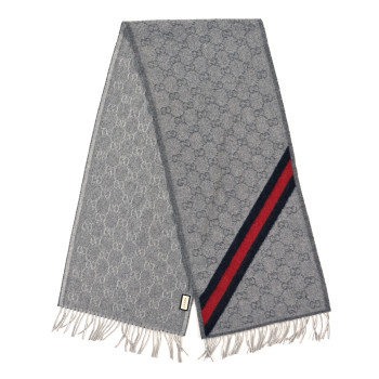 GUCCI Wool Angora Monogram Web New Nikky Scarf Zinc Blue