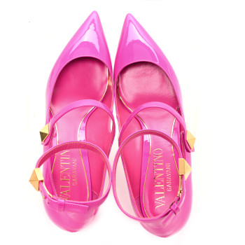 VALENTINO GARAVANI Patent Roman Stud Ankle Strap 50mm Pumps 36 Pink PP