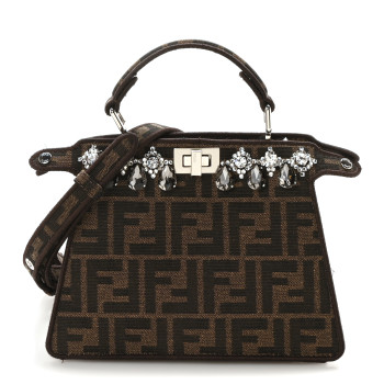 FENDI Fabric Jacquard FF 1974 Crystal Petite Peekaboo I SEE U Satchel Tabacco Moro