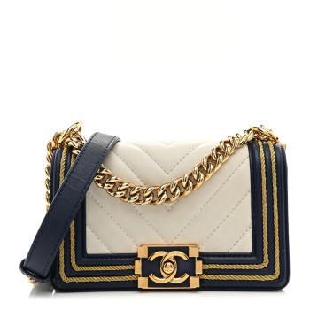 CHANEL Calfskin Chevron Quilted Braided Small Boy Flap White Navy