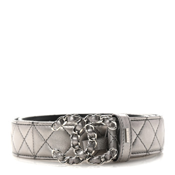 CHANEL Metallic Calfskin Quilted CC Chain Belt 95 38 Silver