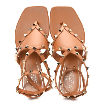 VALENTINO GARAVANI Calfskin Rockstud Ankle Wrap Flat Thong Sandals 37 Brown