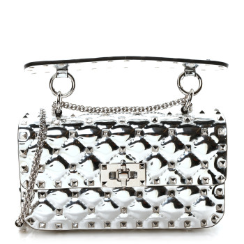 VALENTINO GARAVANI Metallic Patent Quilted Small Rockstud Spike Shoulder Bag Silver