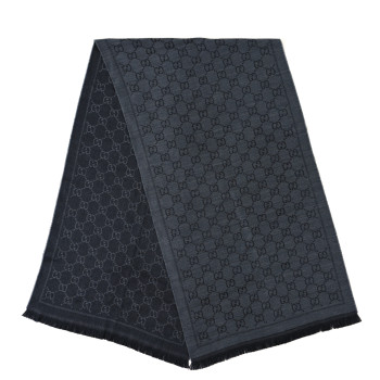 GUCCI Wool Jacquard GG Monogram Sten Fringe Scarf Anthracite Black
