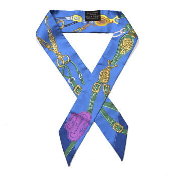 HERMES Silk Brides De Gala Applique Pique Twilly Bleu Azur Vert Gold