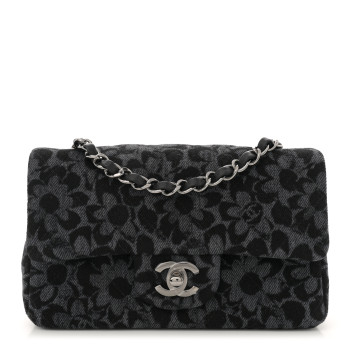 CHANEL Printed Denim Quilted Flower Mini Rectangular Flap Black