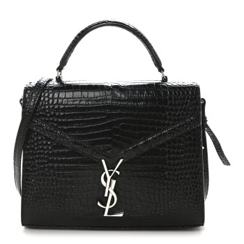 SAINT LAURENT Calfskin Crocodile Embossed Medium Classic Monogram Cassandra Top Handle Black Rouge Legion