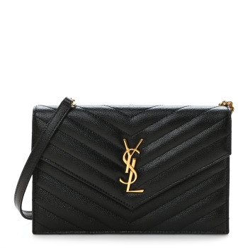 SAINT LAURENT Grain De Poudre Matelasse Chevron Monogram Envelope Chain Wallet Black