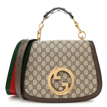GUCCI GG Supreme Monogram Textured Dollar Calfskin Web Medium Blondie Top Handle Shoulder Flap Bag Beige Ebony New Acero