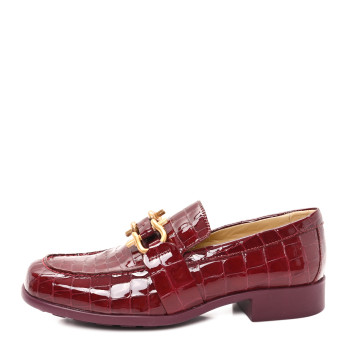 BOTTEGA VENETA Glossy Calfskin Crocodile Embossed Monsieur Loafers 38.5 Cherry