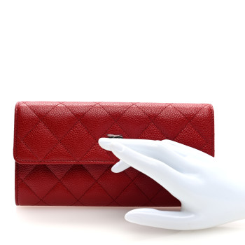CHANEL Caviar Quilted Large Gusset Flap Wallet Red