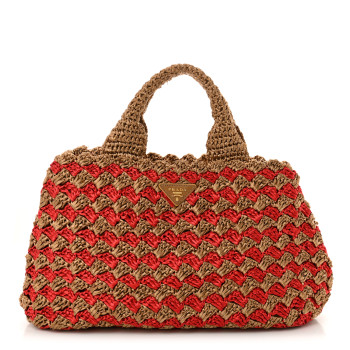 PRADA Raffia Crochet Bi-Color Small Tote Naturale Rosso