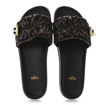 FENDI Satin FF Fendi Feel Slide Sandals 41 Tobacco Black
