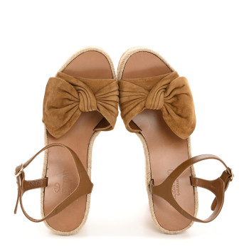 VALENTINO GARAVANI Suede Calfskin Tropical Bow Espadrille Platform Wedge Sandals 36 Brown