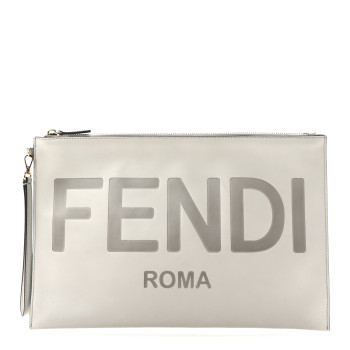 FENDI Vitello King Logo Embossed Large Flat Pouch White Ice