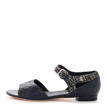 CHANEL Tweed Lambskin Sandals 40 Green Navy Silver