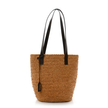 SAINT LAURENT Raffia Calfskin Small Panier Tote Naturale Nut