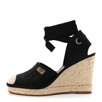 FENDI Canvas FF Embroidered Roma Ankle Wrap Wedge Espadrilles 36 Black