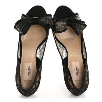 VALENTINO GARAVANI Satin Lace Couture Bow Peep Toe Low Heel Pumps 39.5 Black