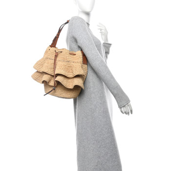 LOEWE Raffia Calfskin Balloon Ruffles Bucket Bag Natural Tan