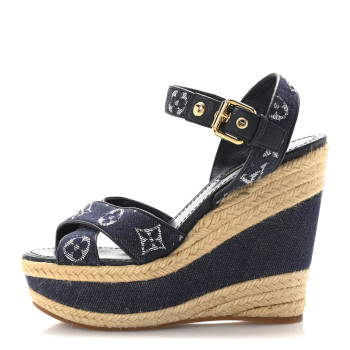 LOUIS VUITTON Monogram Denim Formentera Wedge Pumps 37 Grand Blue