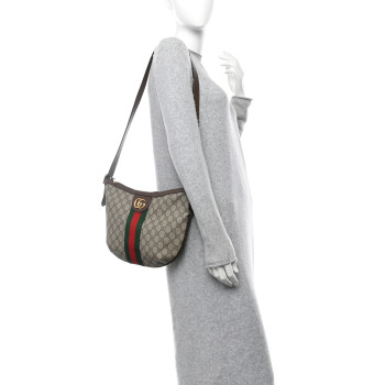 GUCCI GG Supreme Monogram Web Small Ophidia Half Moon Hobo Brown